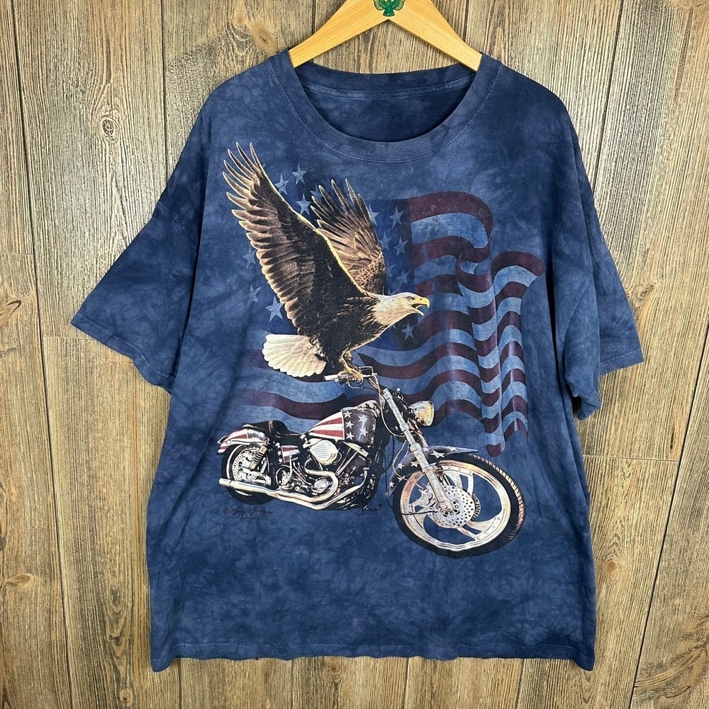 The Mountain Bald Eagle Motorcycle Graphic Tie Dye T-Shirt Patriotic USA Flag